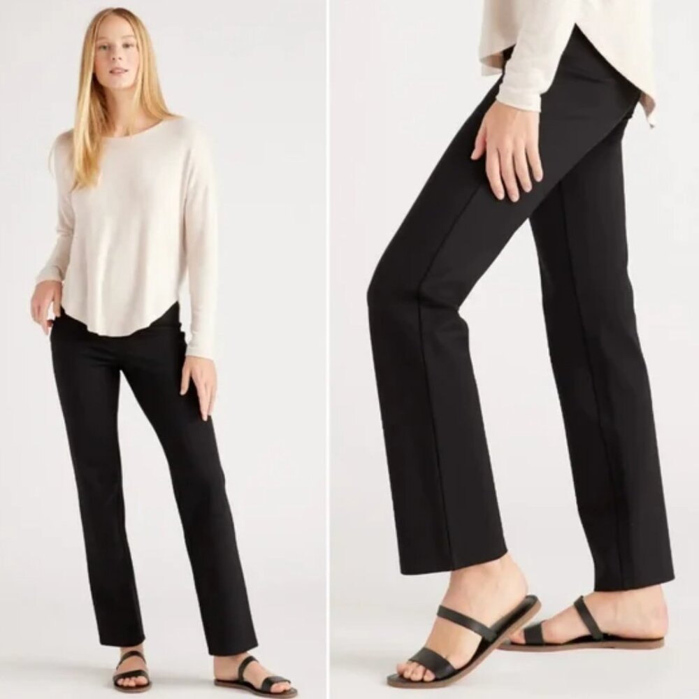 Quince Black Ultra Stretch Ponte Straight Leg Pants Large Petite Pull On Office